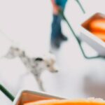 Small Acts - High angle of toys for children in shape of man and woman in uniform carrying wheelbarrow with orange sticks